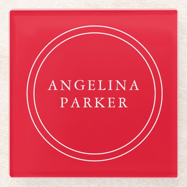 Unique Modern Minimalist Plain Red Your Name Glass Coaster (Front)