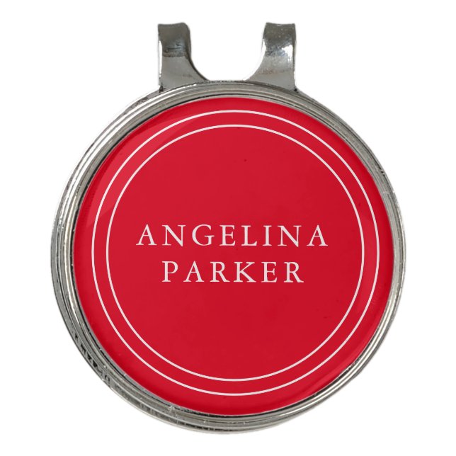 Unique Modern Minimalist Plain Red Your Name Golf Hat Clip (Front)
