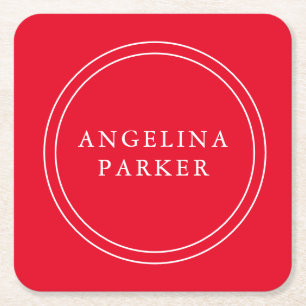 Unique Modern Minimalist Plain Red Your Name Square Paper Coaster