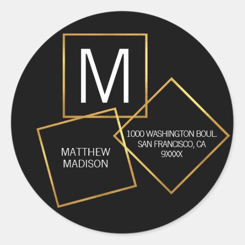 Unique Modern Monogram Gold Frame Black Address Classic Round Sticker