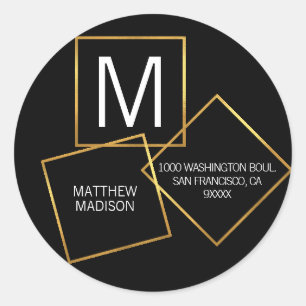 Unique Modern Monogram Gold Frame Black Address Classic Round Sticker