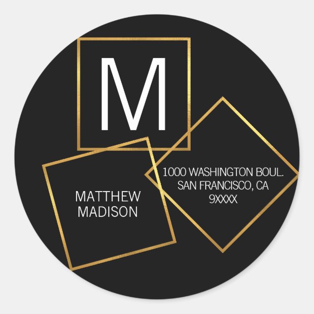 Unique Modern Monogram Gold Frame Black Address Classic Round Sticker (Front)