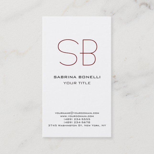Unique Modern Monogram White Business Card (Front)