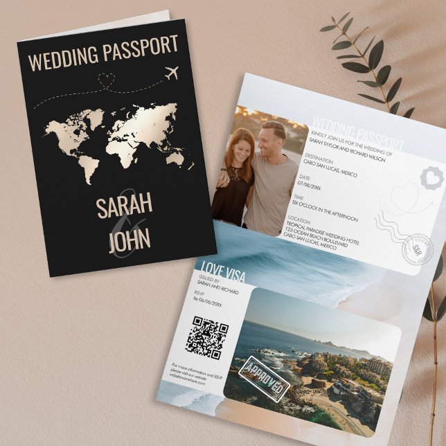 Unique Modern Passport Destination Wedding QR Code Invitation (modern passport and visa wedding invitation)