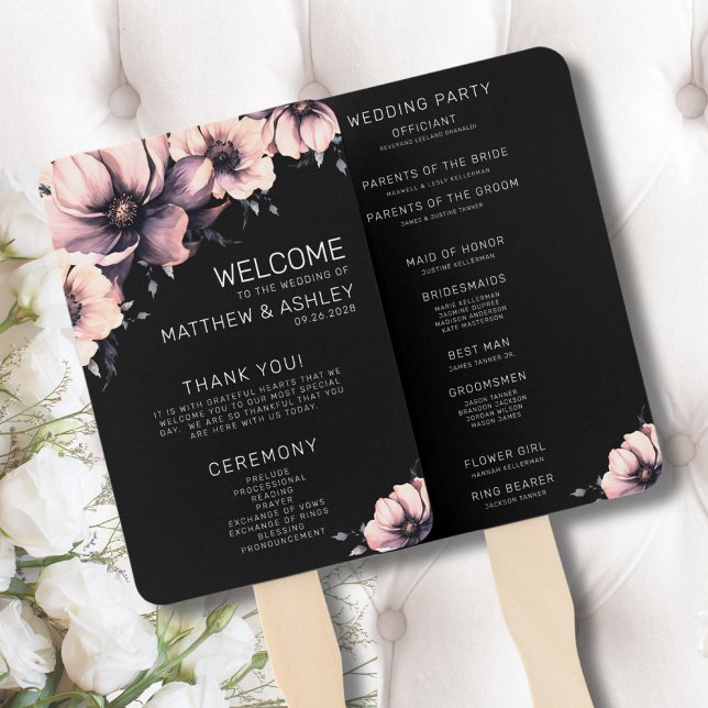 Unique Modern Pink Floral Wedding Programs Hand Fan (Unique Modern Boho Floral Black Pink Wedding Hand Fan)