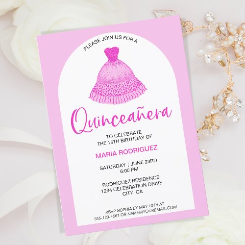 Unique Modern Pink Gown Quinseanera Celebration Invitation