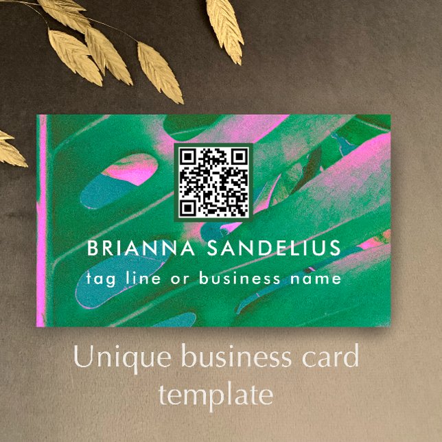 Unique Modern Pink & Green Botanical QR Code Business Card (Personalize this unique botanical pink and green business card template.
)