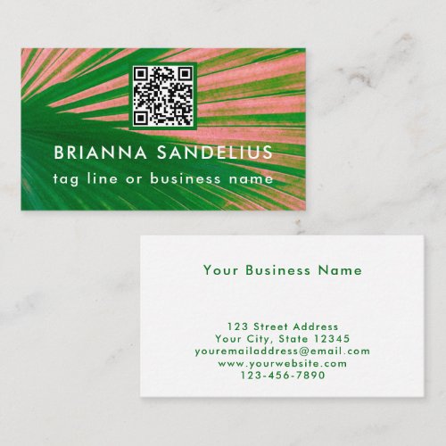 Unique Modern Pink &amp; Green Palm QR Code Custom Business Card