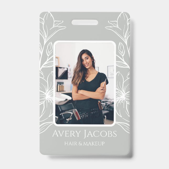 Unique Modern Sage Green Boho Floral  Badge (Front)