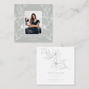 Unique Modern Sage Green Boho Floral Photo Square Business Card