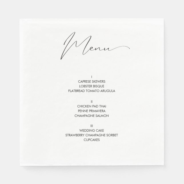Unique Modern Script Wedding Menu  Napkins (Front)
