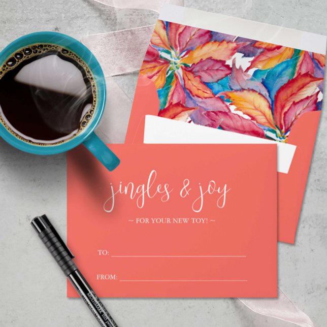 Unique Money Envelope Orange & Poinsettia (Christmas money envelope features unique watercolor art by Victoria Grigaliunas of Do Tell A Belle)