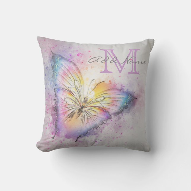 Unique Monogram Colorful Butterfly Watercolor Girl Throw Pillow (Front)
