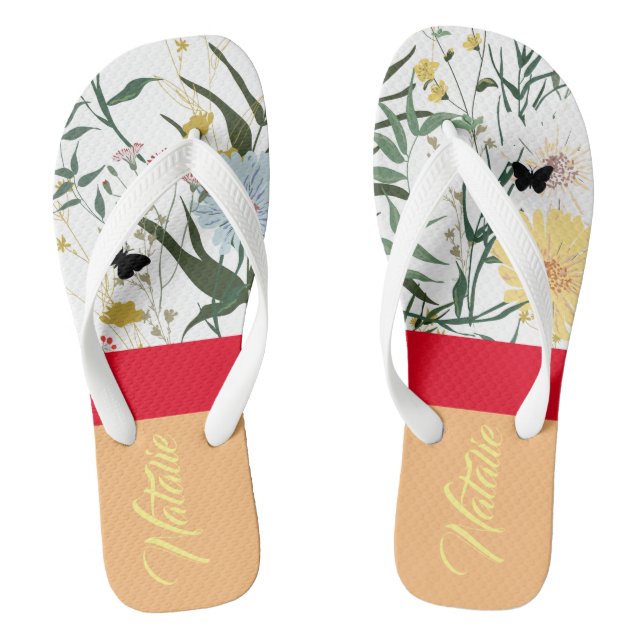 Unique monogram gift l Colorful botanical Trendy Flip Flops (Footbed)