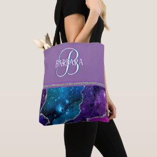 Unique Monogram I Purple Teal Agate Silver Tote Bag