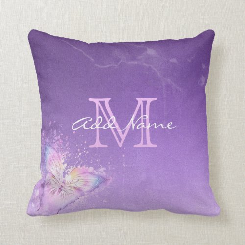 Unique Monogram Purple Butterfly Watercolor Girl Throw Pillow