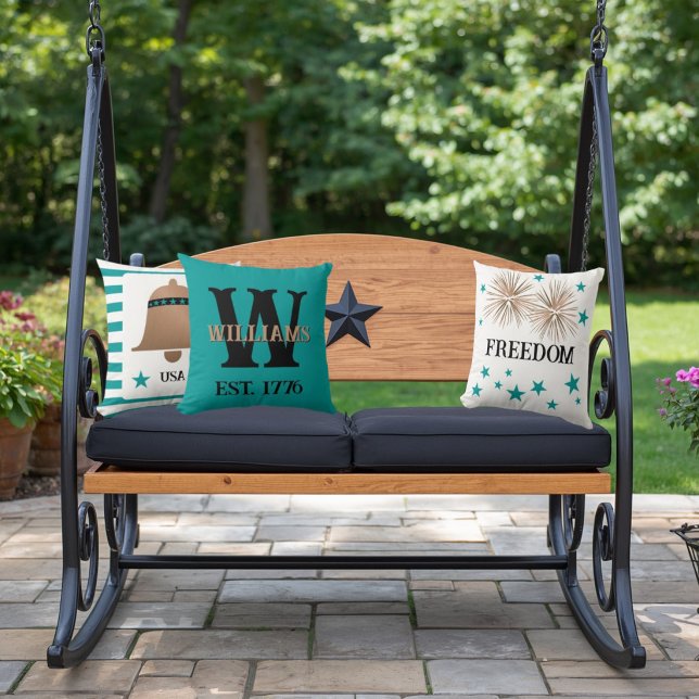 Unique Monogrammed Copper and Turquoise Patriotic  Throw Pillow (Creator Uploaded)