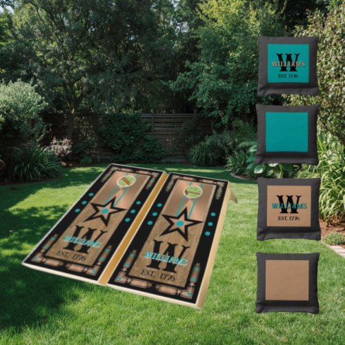 Unique Monogrammed Copper & Turquoise 4th of July Cornhole Set
