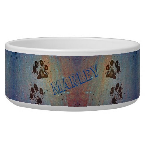 Unique Muddy Paw Prints Blue Name Ceramic Pet Bowl