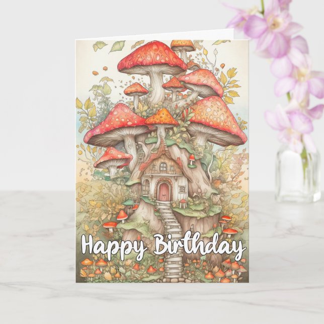 Unique Mushroom Forest Village Illustration Card (Orchid)