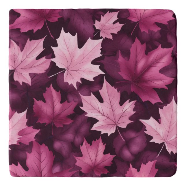 Unique Muted Burgundy Maple Leaf Marble Trivet (Front)
