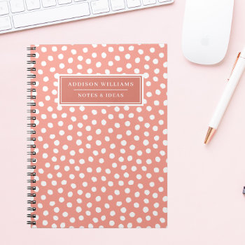 Unique Name Coral Pink White Dots Custom Notebook by DoodlesGiftShop at Zazzle