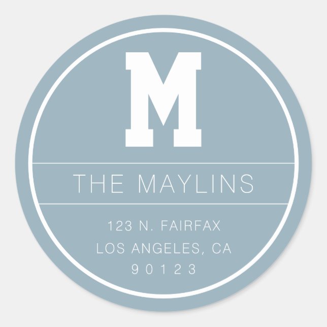 Unique Name & Monogram Template | Dusty Blue Classic Round Sticker (Front)