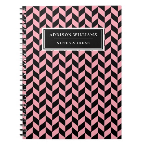 Unique Name Pink Black Herringbone Pattern Notebook