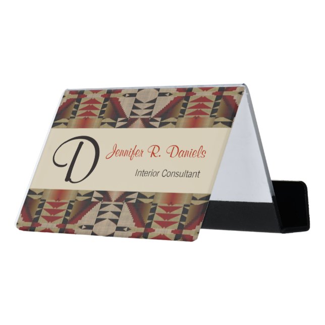 Unique Native American Indian Tribal Art Pattern Desk Business Card Holder (Angled Back)
