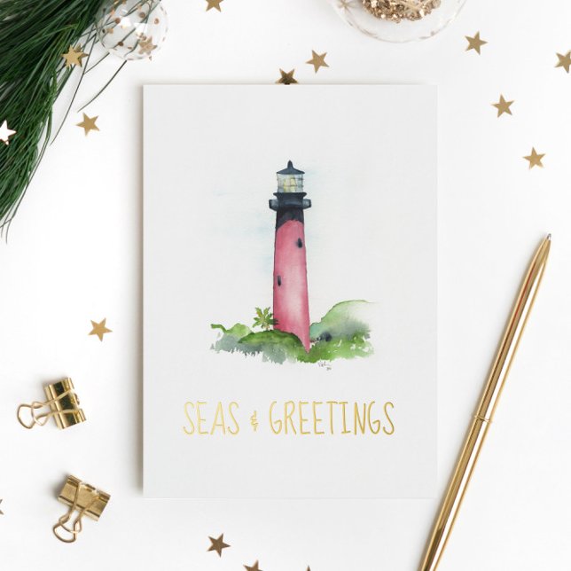 Unique Nautical Christmas Cards (Beach Christmas cards Jupiter lighthouse watercolor art by Victoria Grigaliunas of Do Tell A Belle)