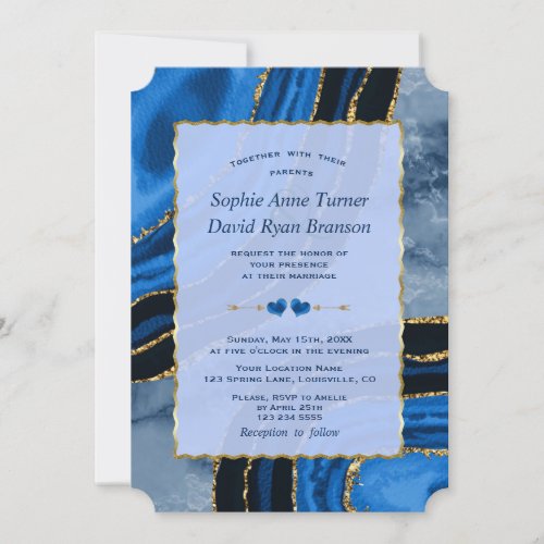 Unique Navy Blue Agate Gold Marble Wedding Invitation