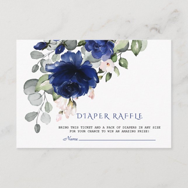 Unique Navy Blue Blush Floral Diaper Raffle Enclosure Card (Front)