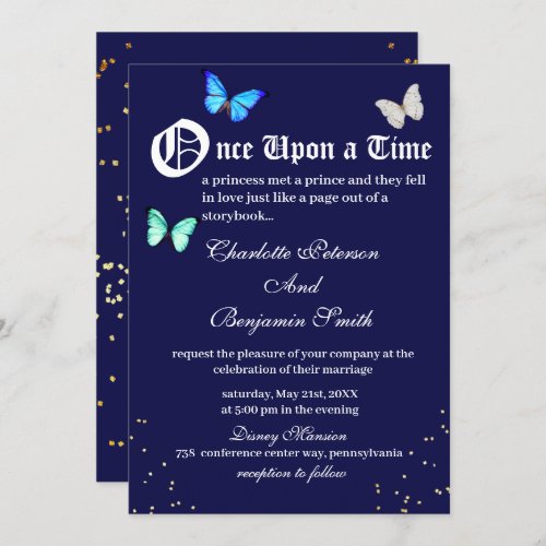 Unique Navy Blue Butterfly Fairytale Wedding Invitation