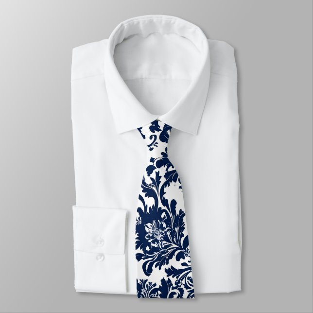 Unique Navy Blue Damask Pattern Neck Tie (Tied)