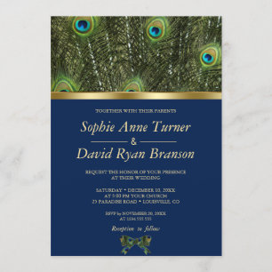 Unique Navy Blue Gold Peacock Feathers Wedding Invitation