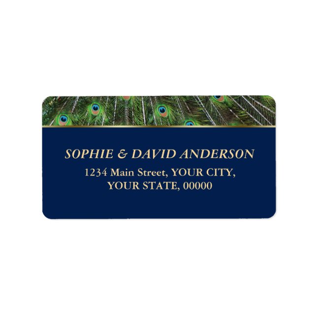 Unique Navy Blue Gold Peacock Feathers Wedding Label (Front)