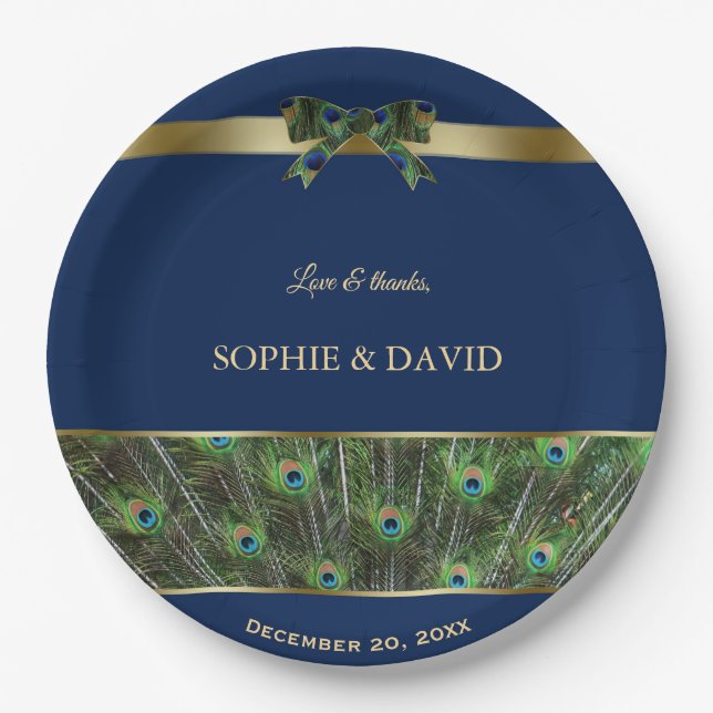 Unique Navy Blue Gold Peacock Feathers Wedding Paper Plates (Front)