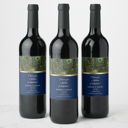 Unique Navy Blue Gold Peacock Feathers Wedding Wine Label