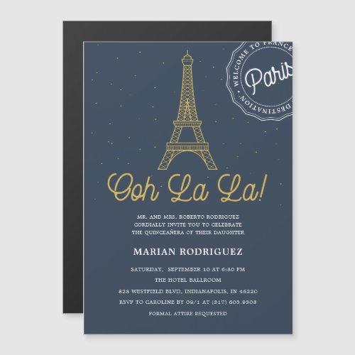 Unique Navy  Gold Eiffel Tower Paris Quinceaera Magnetic Invitation