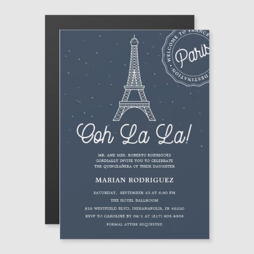 Unique Navy  Gold Eiffel Tower Paris Quinceaera Magnetic Invitation