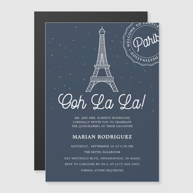 Unique Navy & Gold Eiffel Tower Paris Quinceañera Magnetic Invitation (Front/Back)