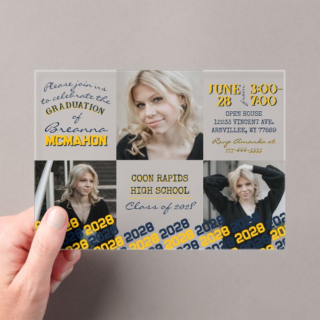 Unique Navy & Gold Graduation 3 Photo Frosted  Acrylic Invitations (Insitu (Handheld))