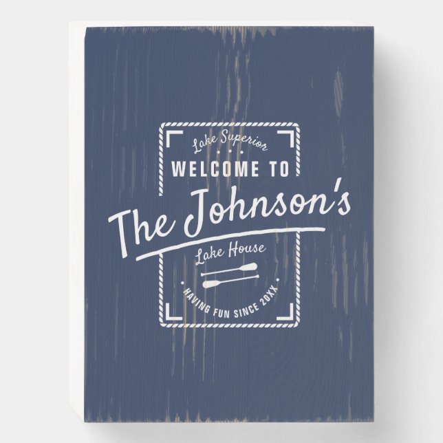 Unique Navy Lake House Family Welcome Wooden Box Sign (Front Vertical)