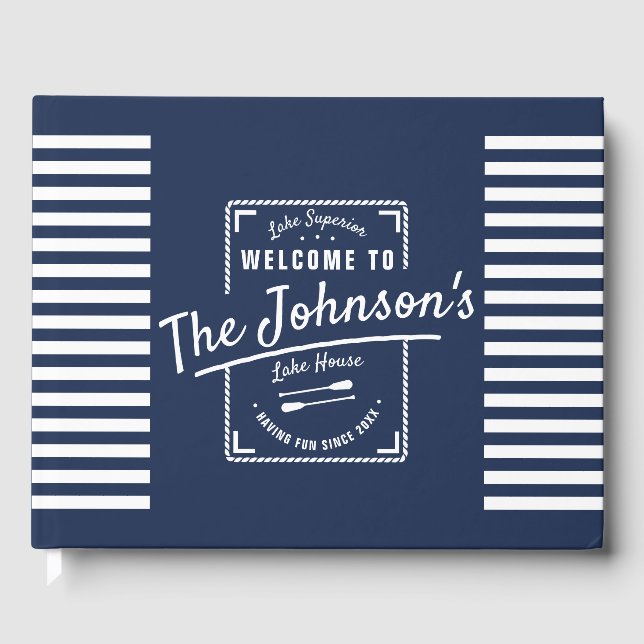 Unique Navy Stripes Lake Beach House Guest Book (Front)