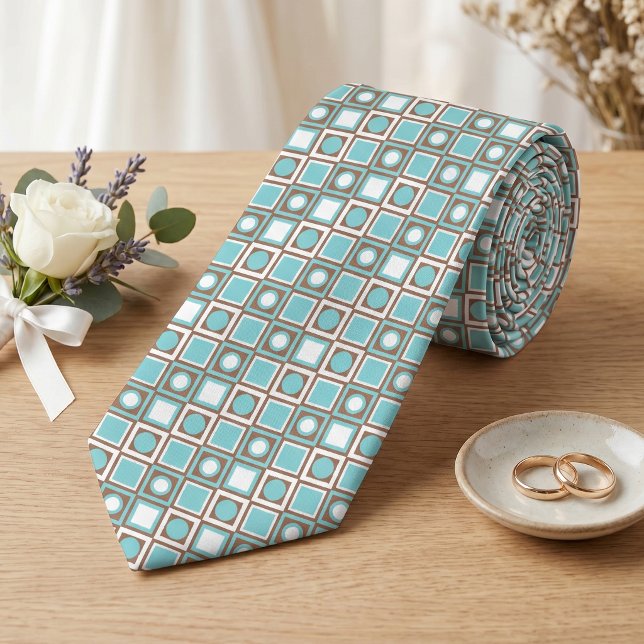 Unique Neck Tie With Brown Aqua Blue Retro Art (Creator Uploaded)
