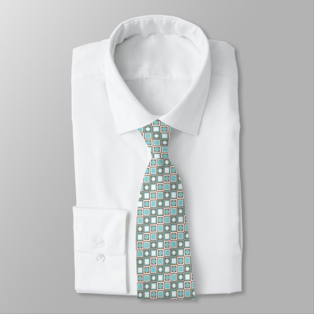 Unique Neck Tie With Brown Aqua Blue Retro Art (Tied)