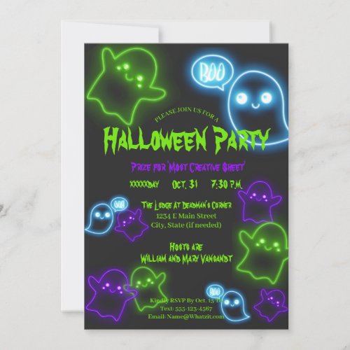 Unique Neon Green Purple Ghosts Halloween Party Invitation