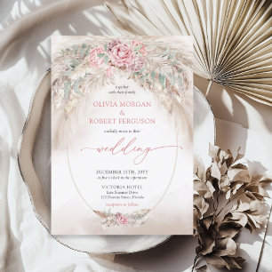 Unique neutral light brown pampas and dusty rose invitation