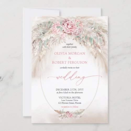 Unique neutral light brown pampas and dusty rose invitation