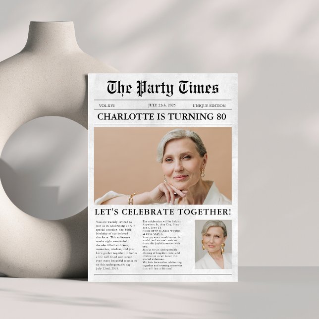 Unique newspaper 80th Birthday Custom Photo  Invitation (Creator Uploaded)